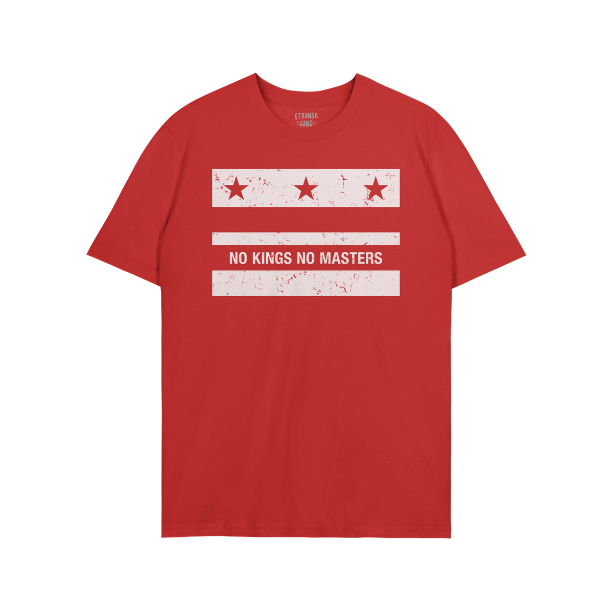Washington DC No Kings Flag Shirt features a red T-shirt with a distressed white graphic of stars and stripes, emblazoned wit