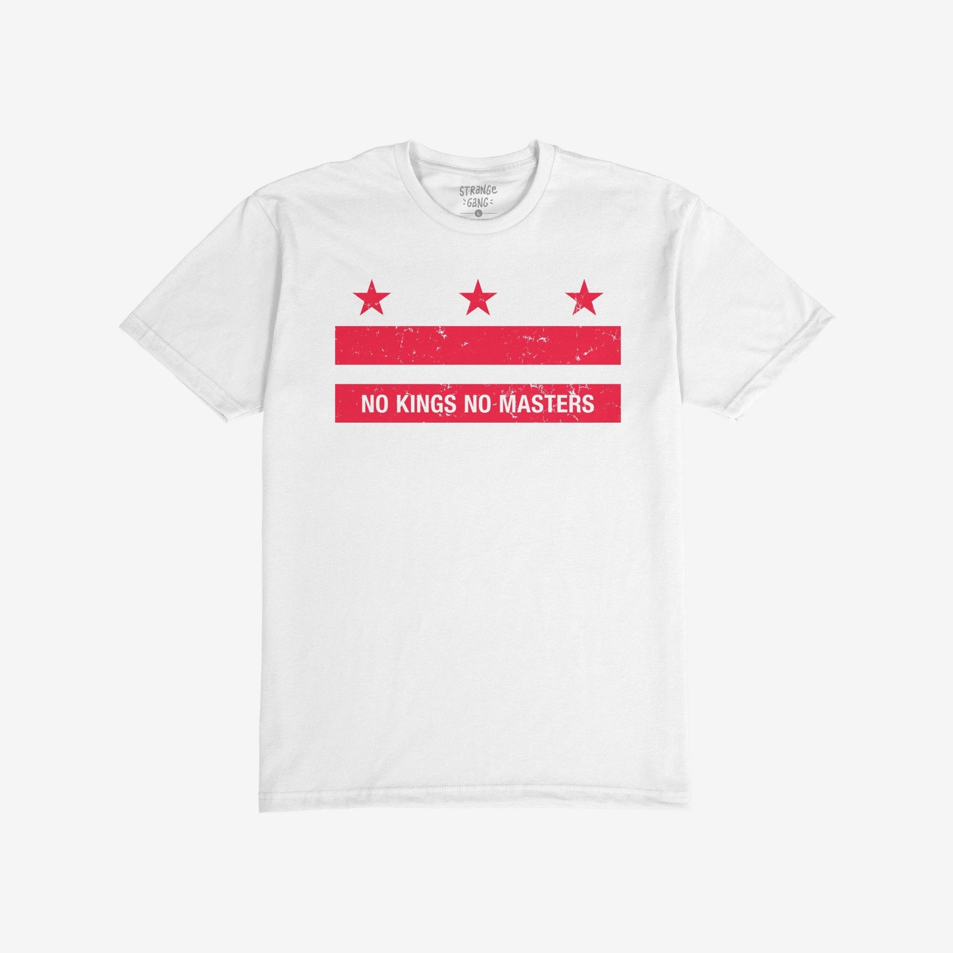 Washington DC No Kings Flag T-shirt featuring a red graphic with stars and bars, highlighting the slogan “NO KINGS NO MASTERS” in white. Ideal for expressing defiance and support for equality.
