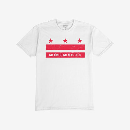 Washington DC No Kings Flag T-shirt featuring a red graphic with stars and bars, highlighting the slogan “NO KINGS NO MASTERS” in white. Ideal for expressing defiance and support for equality.