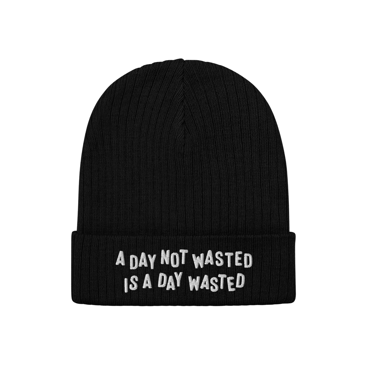 Black Wasted Days Hat with rib-knit design and folded cuff, featuring bold white embroidery: A DAY NOT WASTED IS A DAY WASTED