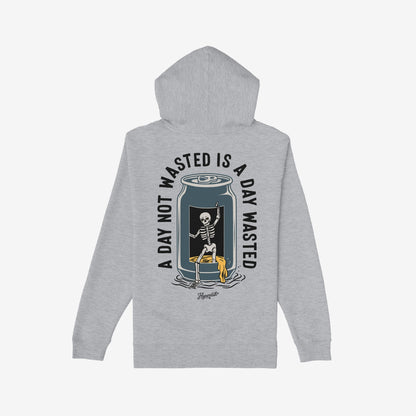 Wasted Days Hoodie & Sweatshirt featuring a skeleton climbing out of a can with the slogan “A DAY NOT WASTED IS A DAY WASTED,” highlighting rebellious spirit and existential humor.