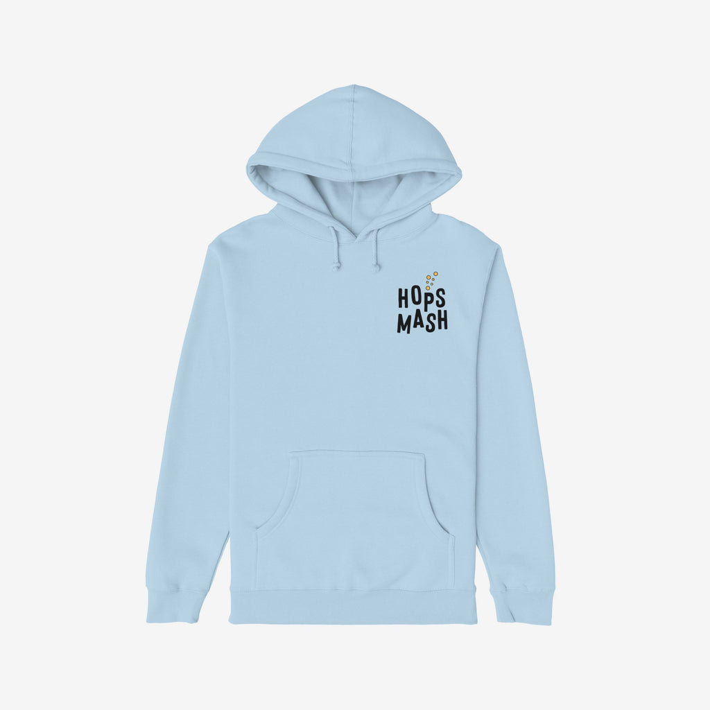 Wasted Days Hoodie & Sweatshirt: Light-blue pullover with HOPS MASH logo and bubbles. Features kangaroo pocket, adjustable hood, back graphic of a skeleton escaping a beer can.