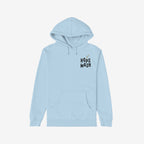 Wasted Days Hoodie & Sweatshirt: Light-blue pullover with HOPS MASH logo and bubbles. Features kangaroo pocket, adjustable hood, back graphic of a skeleton escaping a beer can.