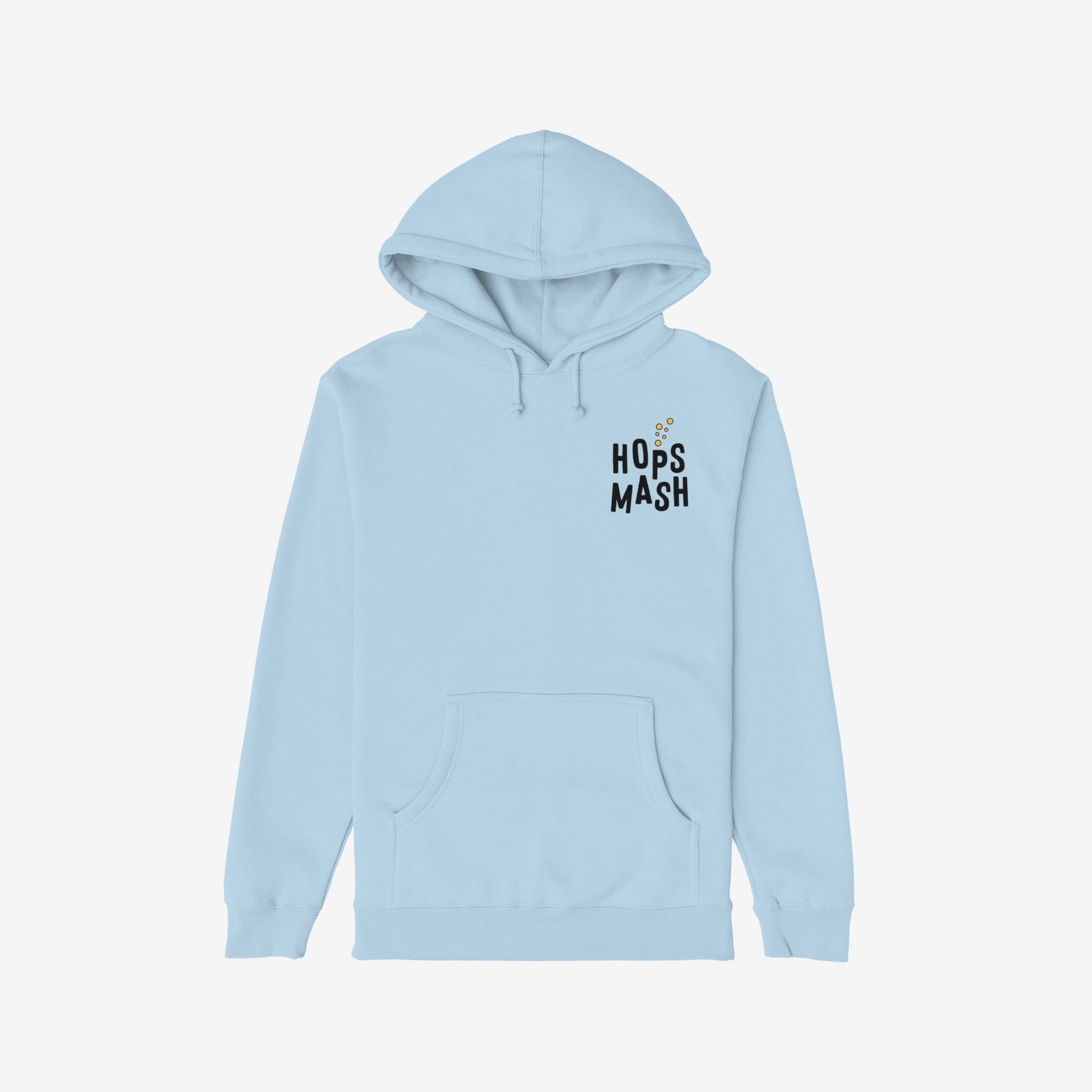 Wasted Days Hoodie & Sweatshirt: Light-blue pullover with HOPS MASH logo and bubbles. Features kangaroo pocket, adjustable hood, back graphic of a skeleton escaping a beer can.