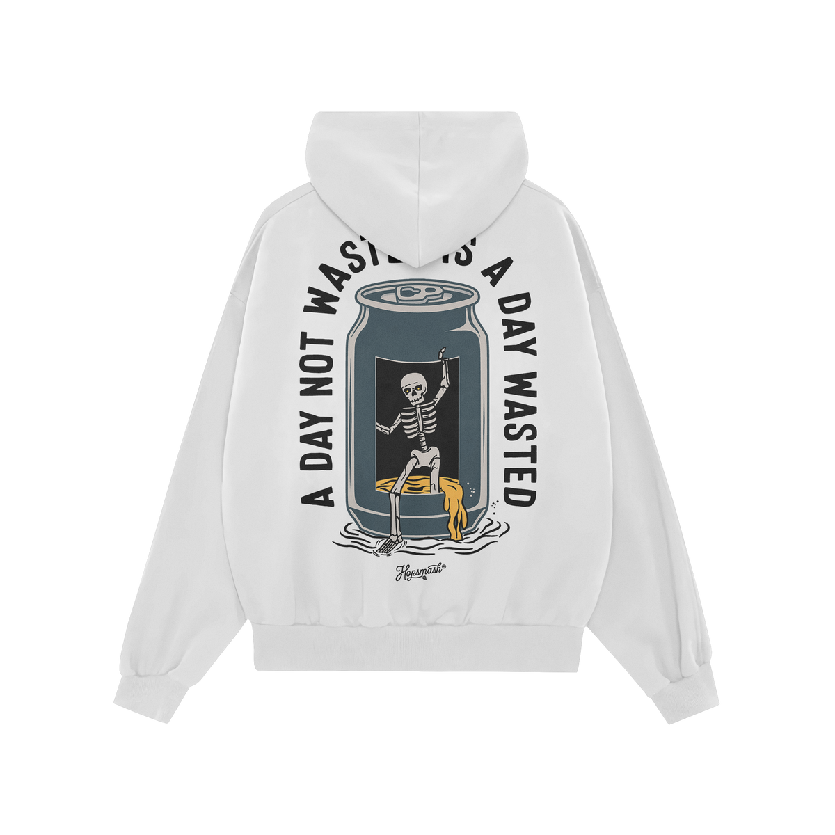 Wasted Days Hoodie & Sweatshirt features a skeleton lounging in a beer can, spilling golden liquid, with the slogan “A DAY 