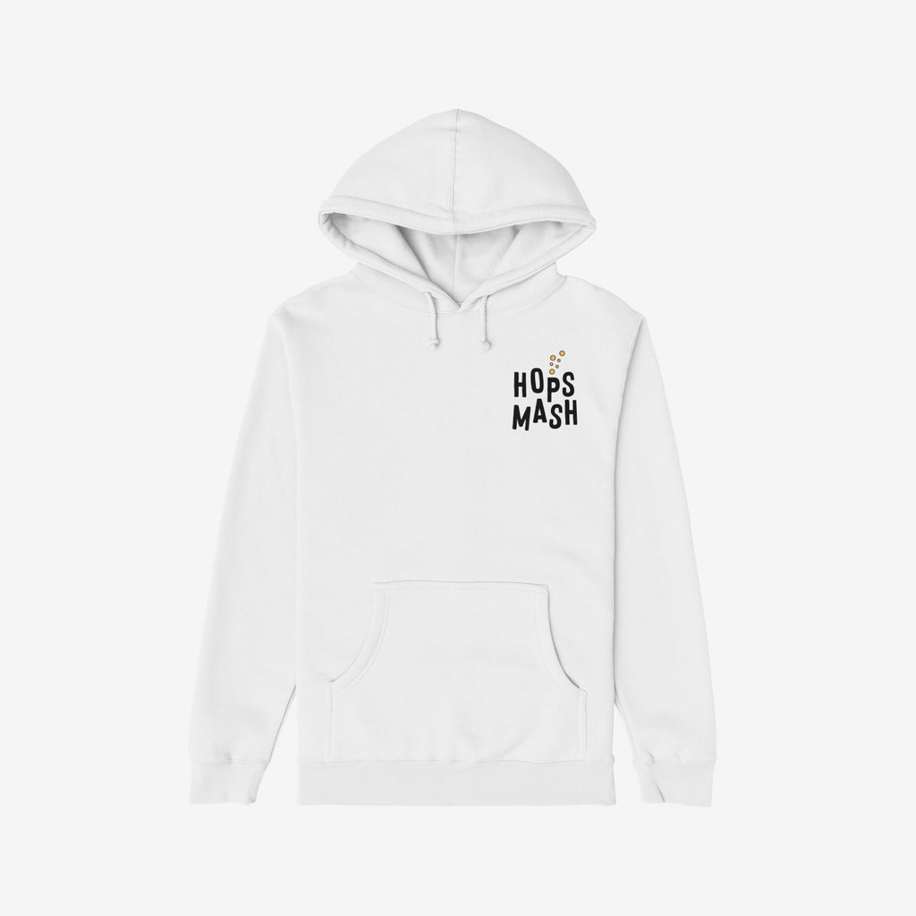 Wasted Days Hoodie & Sweatshirt: A white pullover hoodie featuring HOPS MASH text with gold bubbles, embodying rebellious spirit and existential themes with a subtle front graphic.