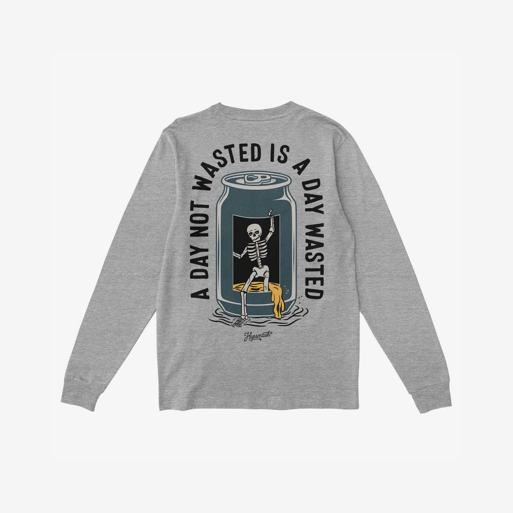 Wasted Days T-shirt features a back graphic of a skeleton climbing from a submerged can, beneath the phrase A DAY NOT WASTED IS A DAY WASTED, embodying carefree chaos.