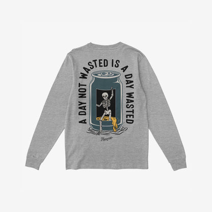Wasted Days T-shirt features a back graphic of a skeleton climbing from a submerged can, beneath the phrase A DAY NOT WASTED IS A DAY WASTED, embodying carefree chaos.