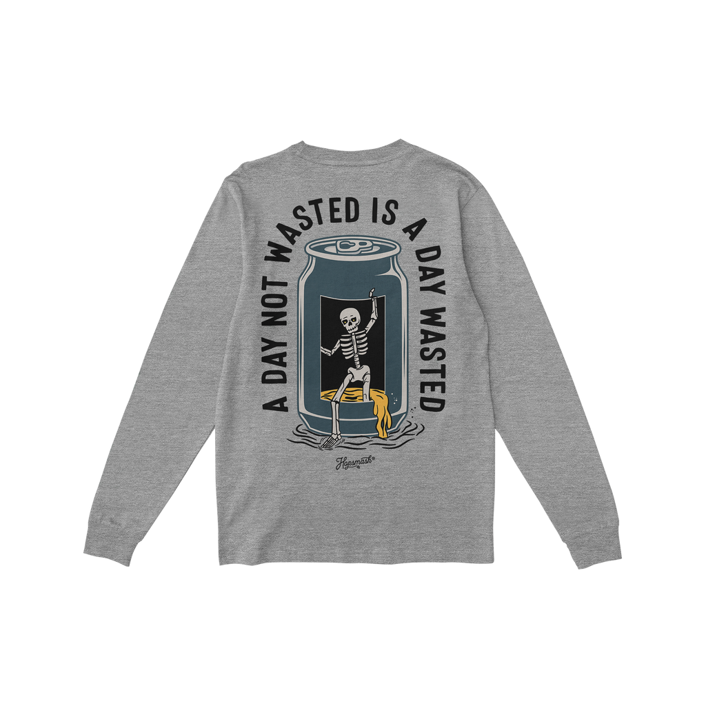 Wasted Days T-shirt features a back graphic of a skeleton climbing from a submerged can, beneath the phrase A DAY NOT WASTED