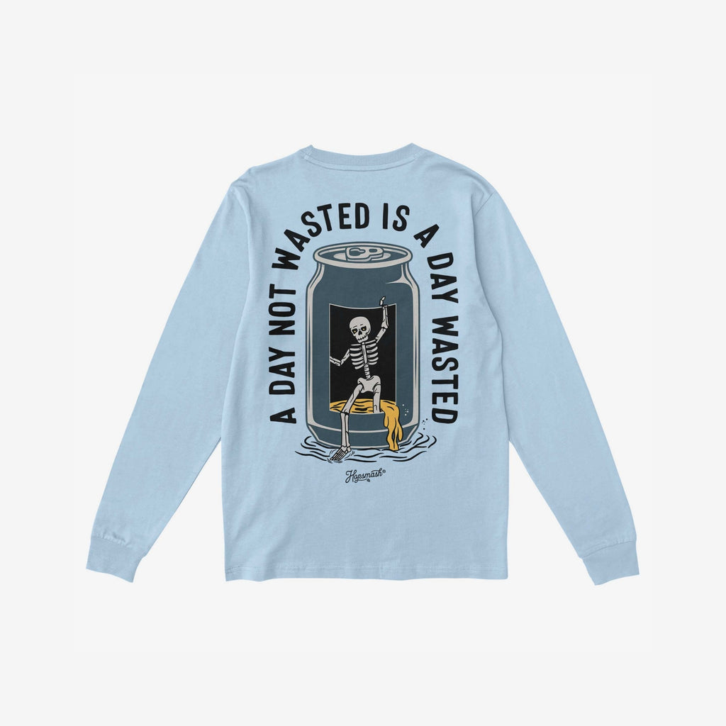 Wasted Days T-shirt featuring a skeleton emerging from a can with the phrase “A DAY NOT WASTED IS A DAY WASTED,” embodying a carefree, rebellious spirit, perfect for unconventional adventures.