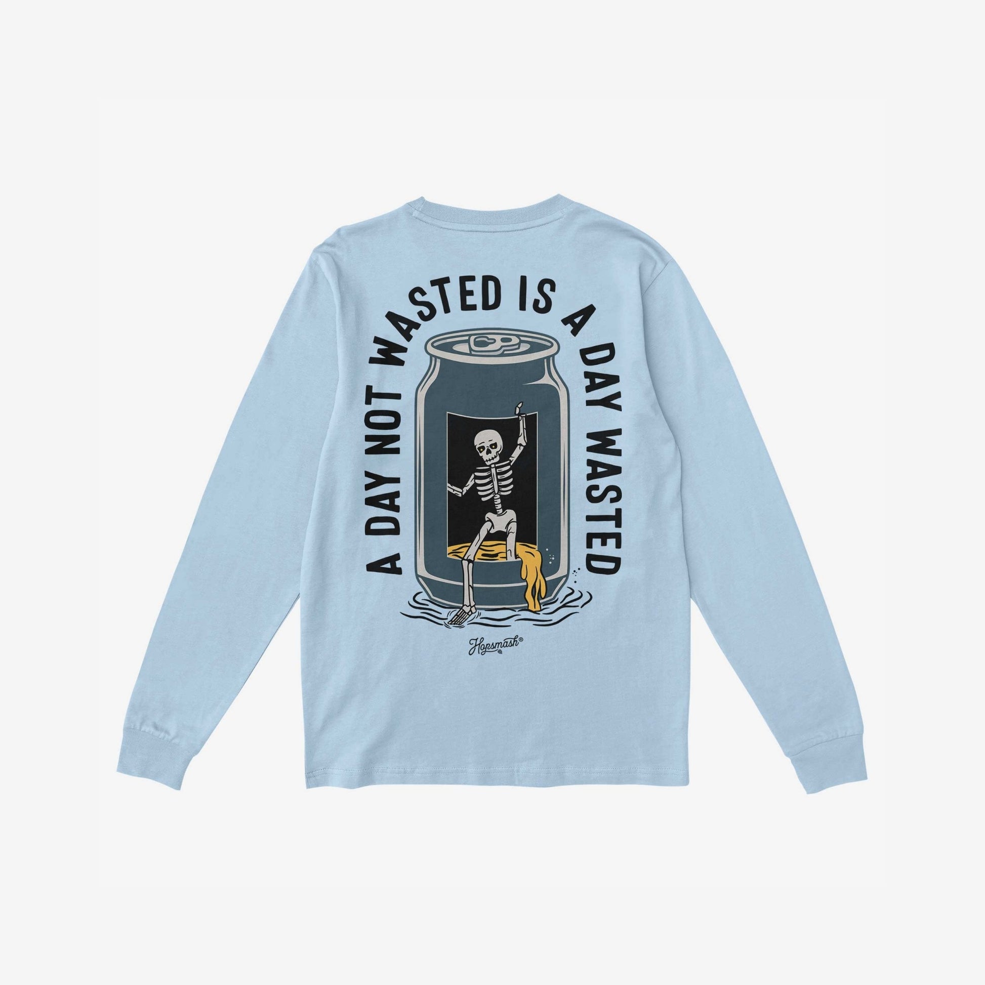 Wasted Days T-shirt featuring a skeleton emerging from a can with the phrase “A DAY NOT WASTED IS A DAY WASTED,” embodying a carefree, rebellious spirit, perfect for unconventional adventures.
