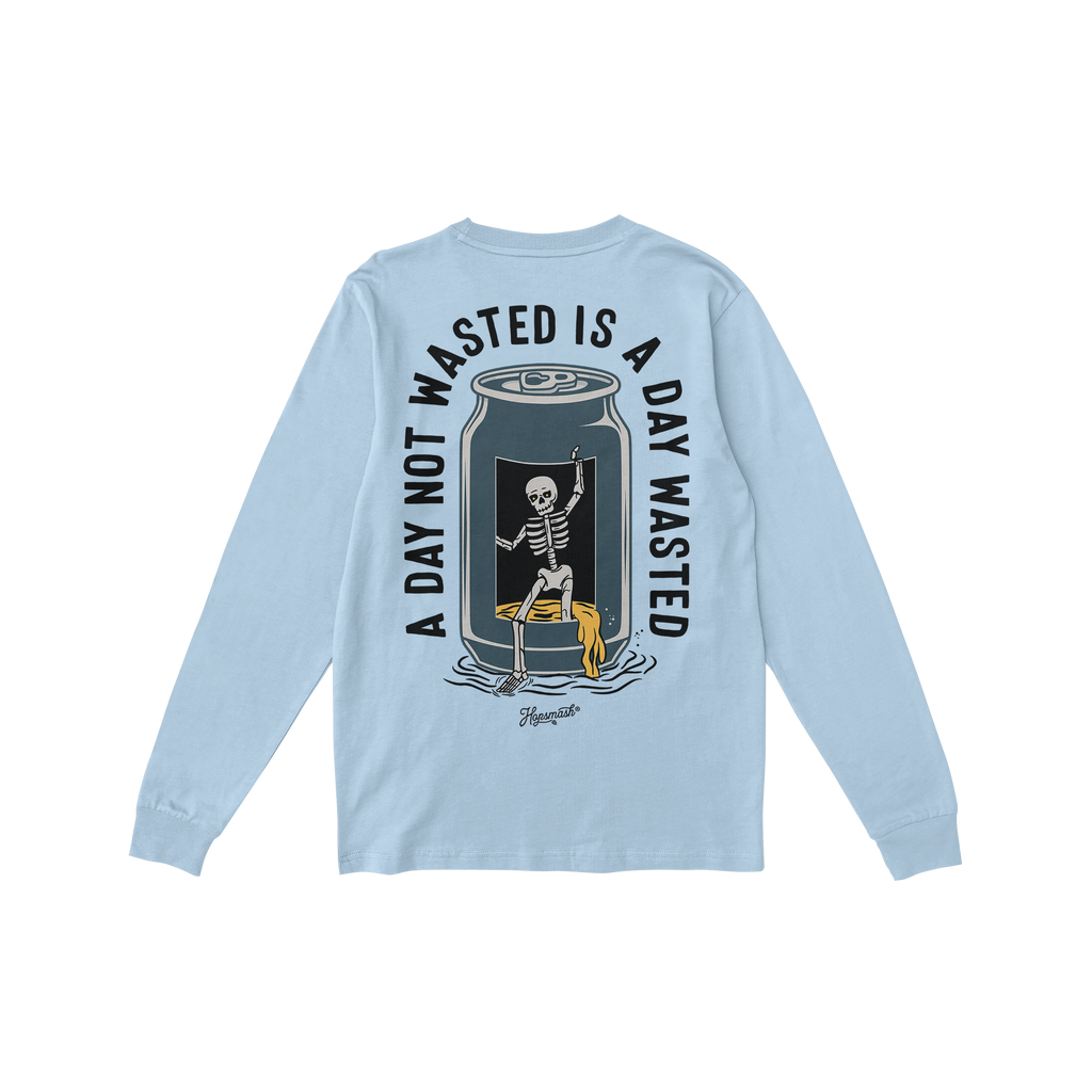 Wasted Days T-shirt featuring a skeleton emerging from a can with the phrase “A DAY NOT WASTED IS A DAY WASTED,” embodyin