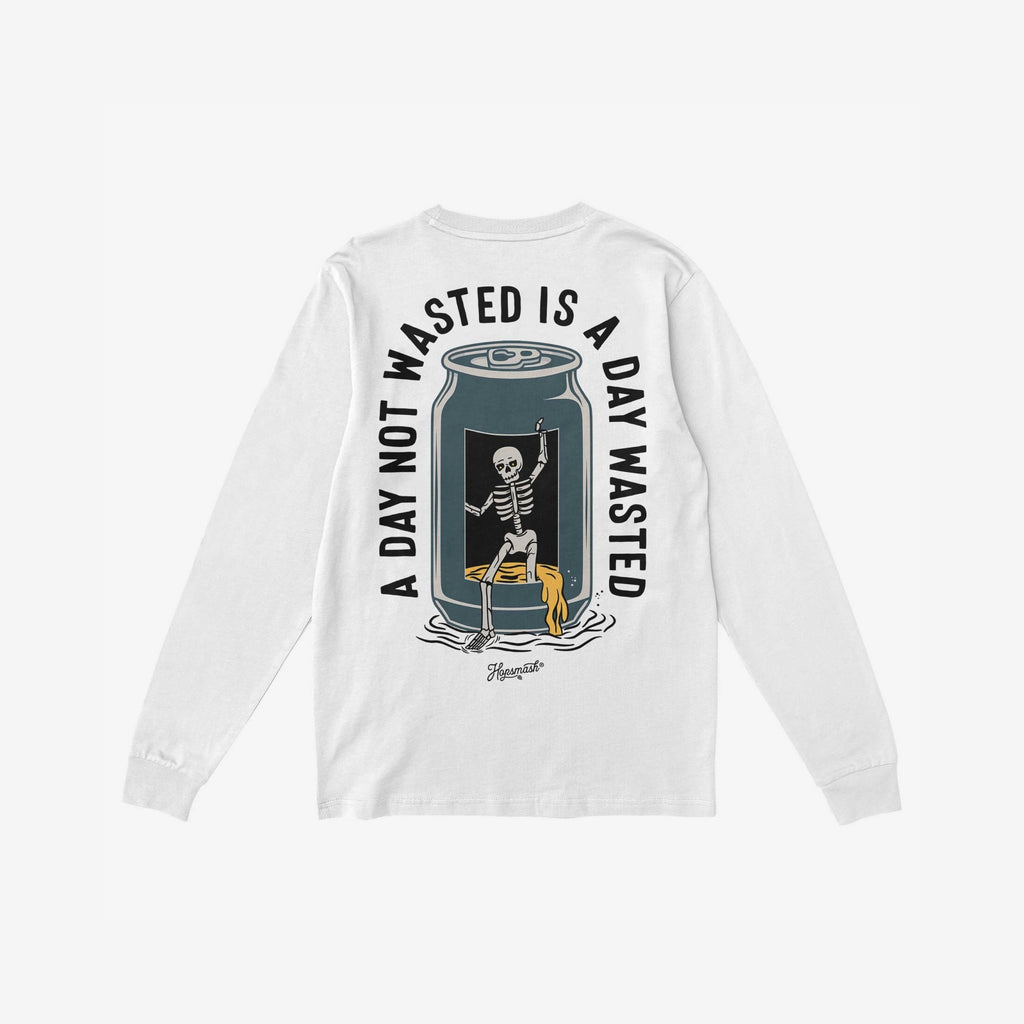 Wasted Days T-shirt features a bold back graphic of a skeleton climbing from a beer can, embraced by the slogan, “A DAY NOT WASTED IS A DAY WASTED,” capturing a rebellious, carefree spirit.
