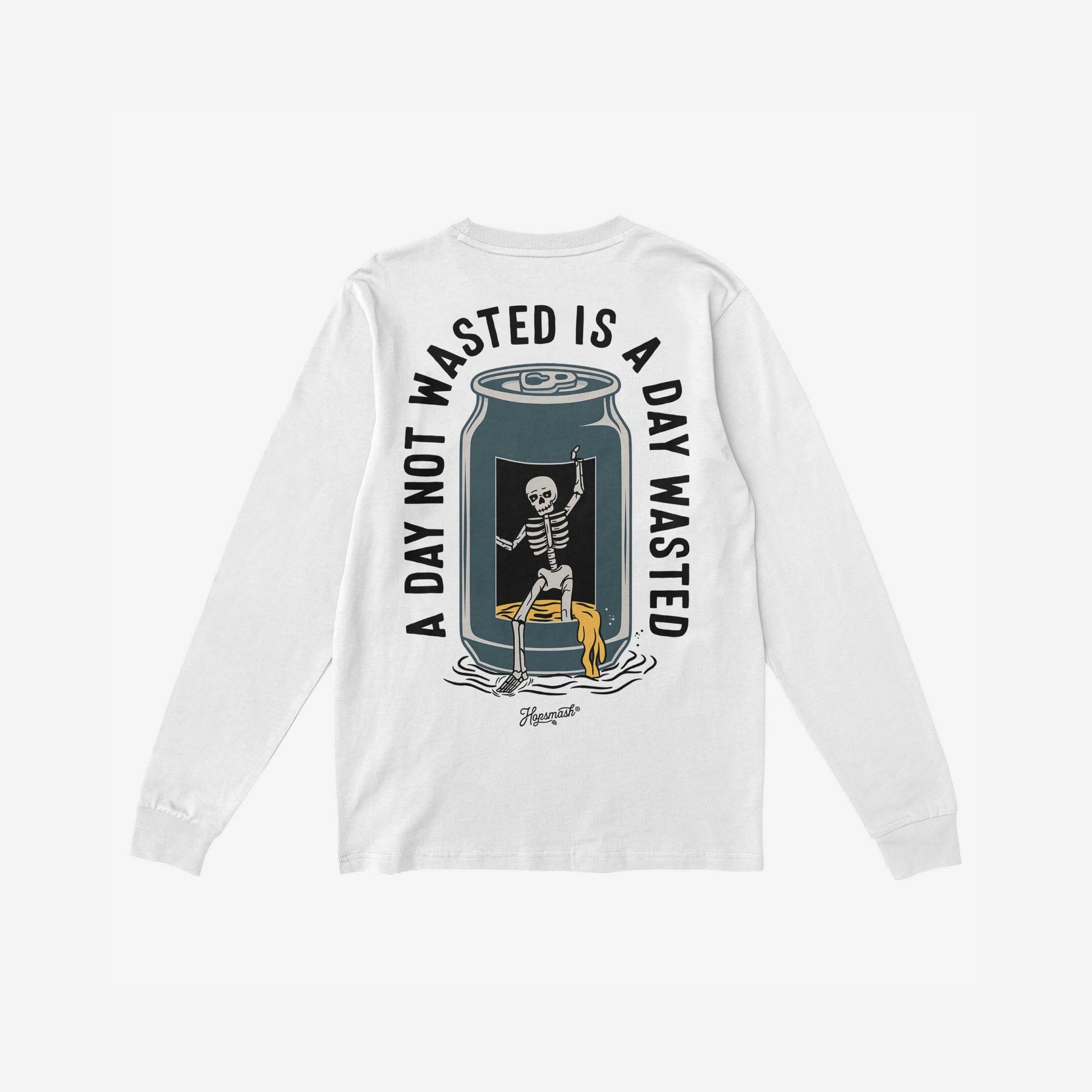 Wasted Days T-shirt features a bold back graphic of a skeleton climbing from a beer can, embraced by the slogan, “A DAY NOT WASTED IS A DAY WASTED,” capturing a rebellious, carefree spirit.