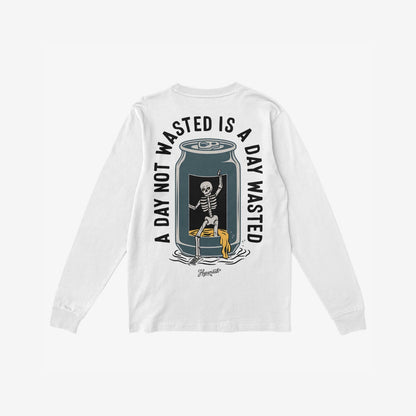 Wasted Days T-shirt features a bold back graphic of a skeleton climbing from a beer can, embraced by the slogan, “A DAY NOT WASTED IS A DAY WASTED,” capturing a rebellious, carefree spirit.