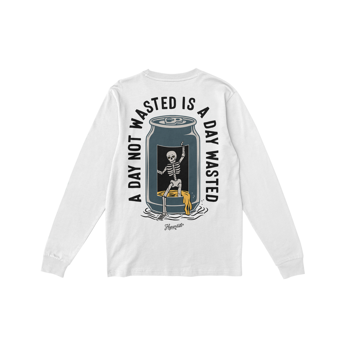 Wasted Days T-shirt features a bold back graphic of a skeleton climbing from a beer can, embraced by the slogan, “A DAY NOT