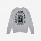 Heather-gray Wasted Days Hoodie & Sweatshirt with a back print of a dancing skeleton emerging from a beer can, slogan A DAY NOT WASTED IS A DAY WASTED, and subtle front Hopsmash logo.