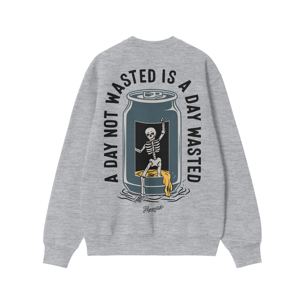 Heather-gray Wasted Days Hoodie & Sweatshirt with a back print of a dancing skeleton emerging from a beer can, slogan A DAY N