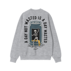 Heather-gray Wasted Days Hoodie & Sweatshirt with a back print of a dancing skeleton emerging from a beer can, slogan A DAY N
