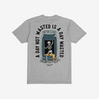 Wasted Days T-shirt featuring a dancing skeleton emerging from a cut-open can, spilling beer, with the slogan A DAY NOT WASTED IS A DAY WASTED encircling the graphic. Signature reads “Hopsmash.”