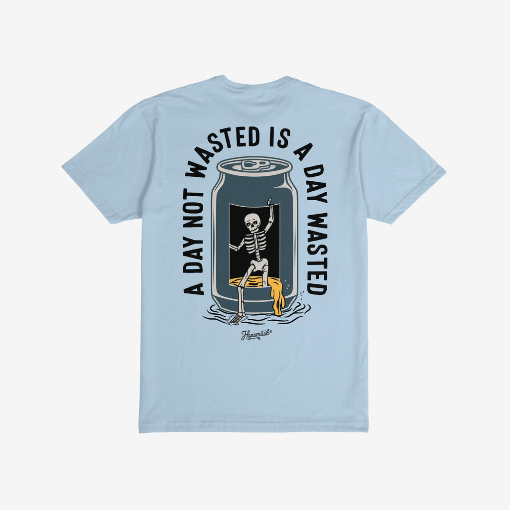 Wasted Days T-shirt back view: features a skeleton emerging from an open can with spilled liquid, encircled by the slogan “A DAY NOT WASTED IS A DAY WASTED,” embodying carefree rebellion.