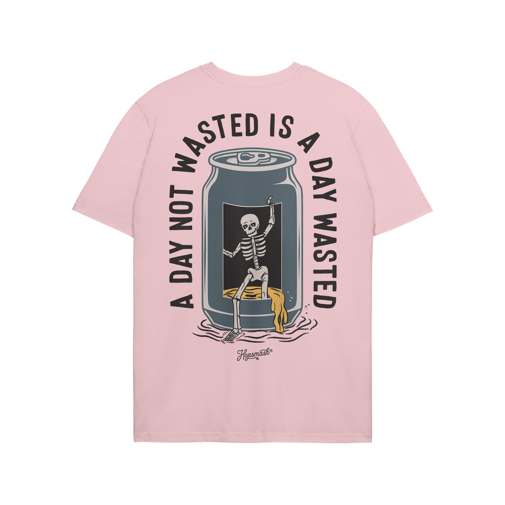 Wasted Days T-shirt back view: features a skeleton emerging from an open can with spilled liquid, encircled by the slogan “