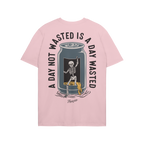 Wasted Days T-shirt back view: features a skeleton emerging from an open can with spilled liquid, encircled by the slogan “