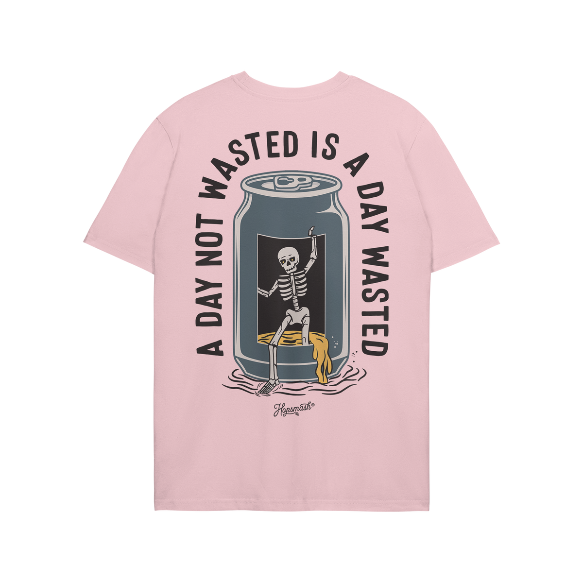 Wasted Days T-shirt back view: features a skeleton emerging from an open can with spilled liquid, encircled by the slogan “