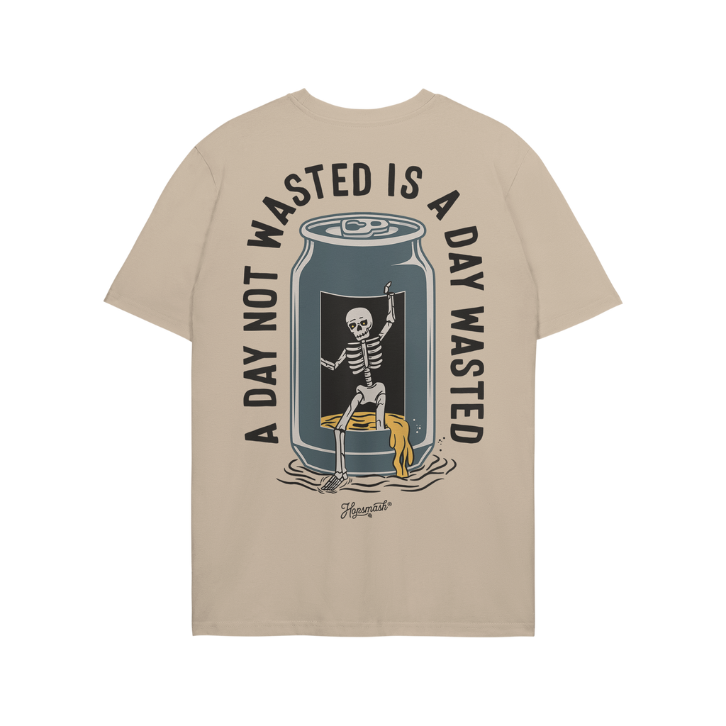 Wasted Days T-shirt featuring a grinning skeleton in an open can with the slogan “A DAY NOT WASTED IS A DAY WASTED,” epit