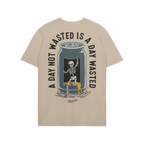 Wasted Days T-shirt featuring a grinning skeleton in an open can with the slogan “A DAY NOT WASTED IS A DAY WASTED,” epit