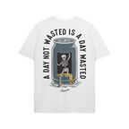 Wasted Days T-shirt's back features a bold graphic of a skeleton lounging in an opened beverage can, surrounded by the slogan