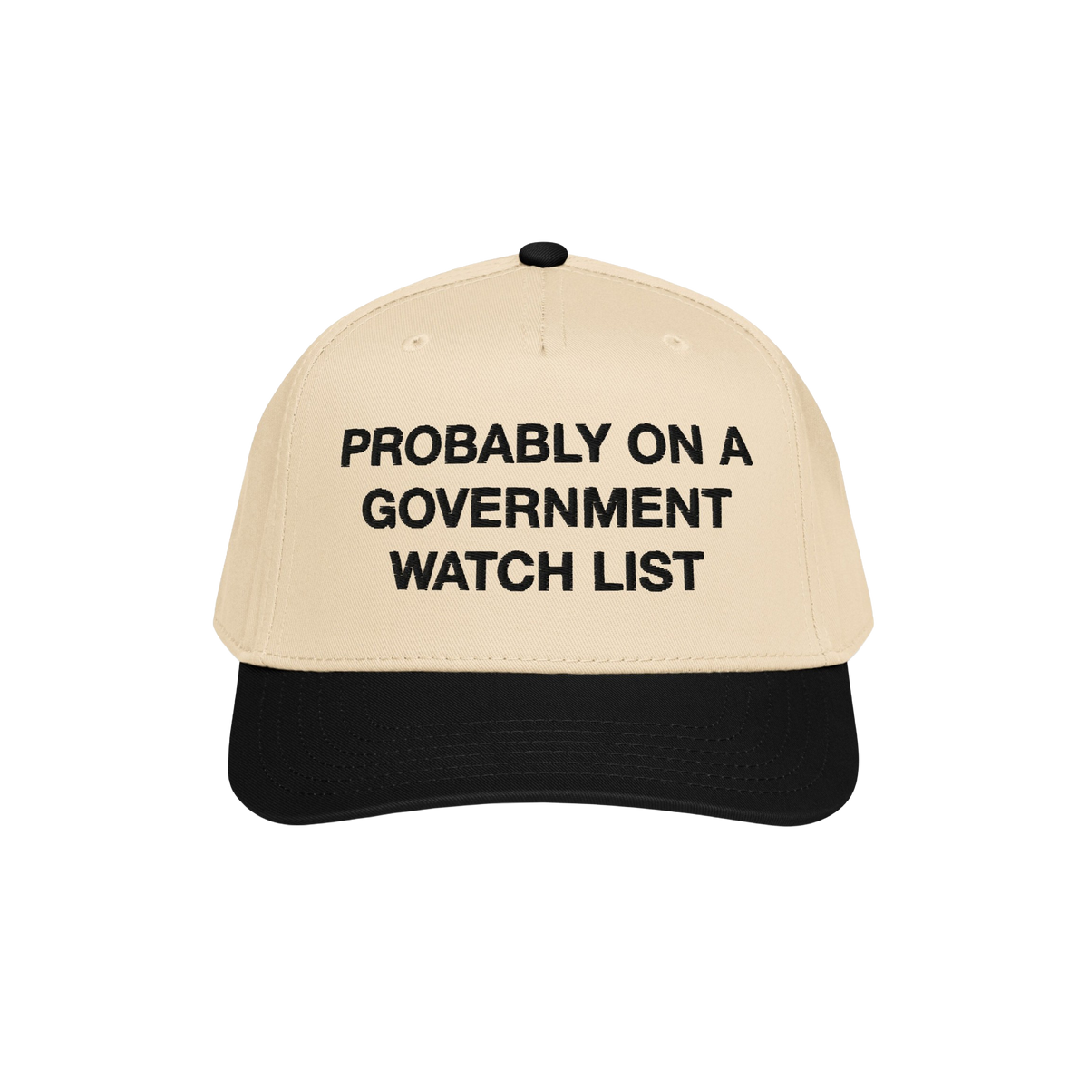 The Watch List Hat features a beige crown with a black brim. Bold black letters declare, PROBABLY ON A GOVERNMENT WATCH LIST,