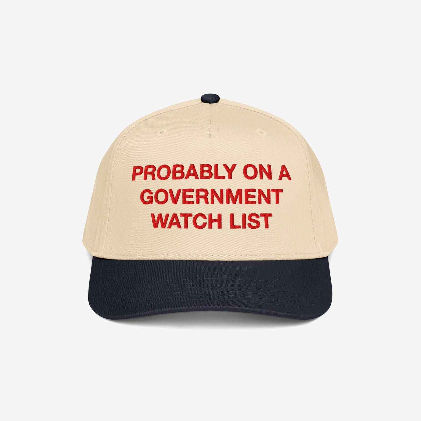Two-tone Watch List Hat with embroidered red text stating PROBABLY ON A GOVERNMENT WATCH LIST, symbolizing political defiance and visibility.