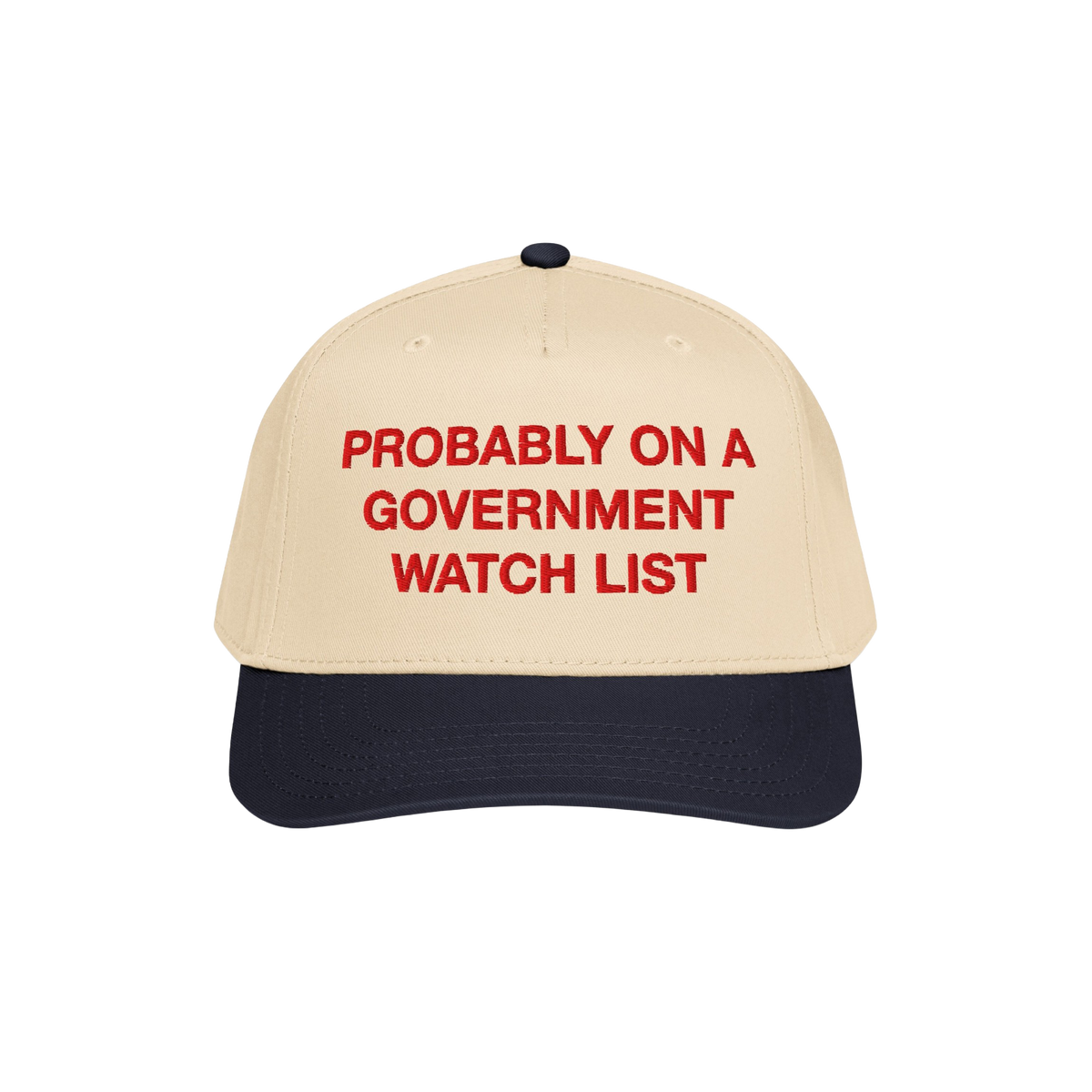 Two-tone Watch List Hat with embroidered red text stating PROBABLY ON A GOVERNMENT WATCH LIST, symbolizing political defiance