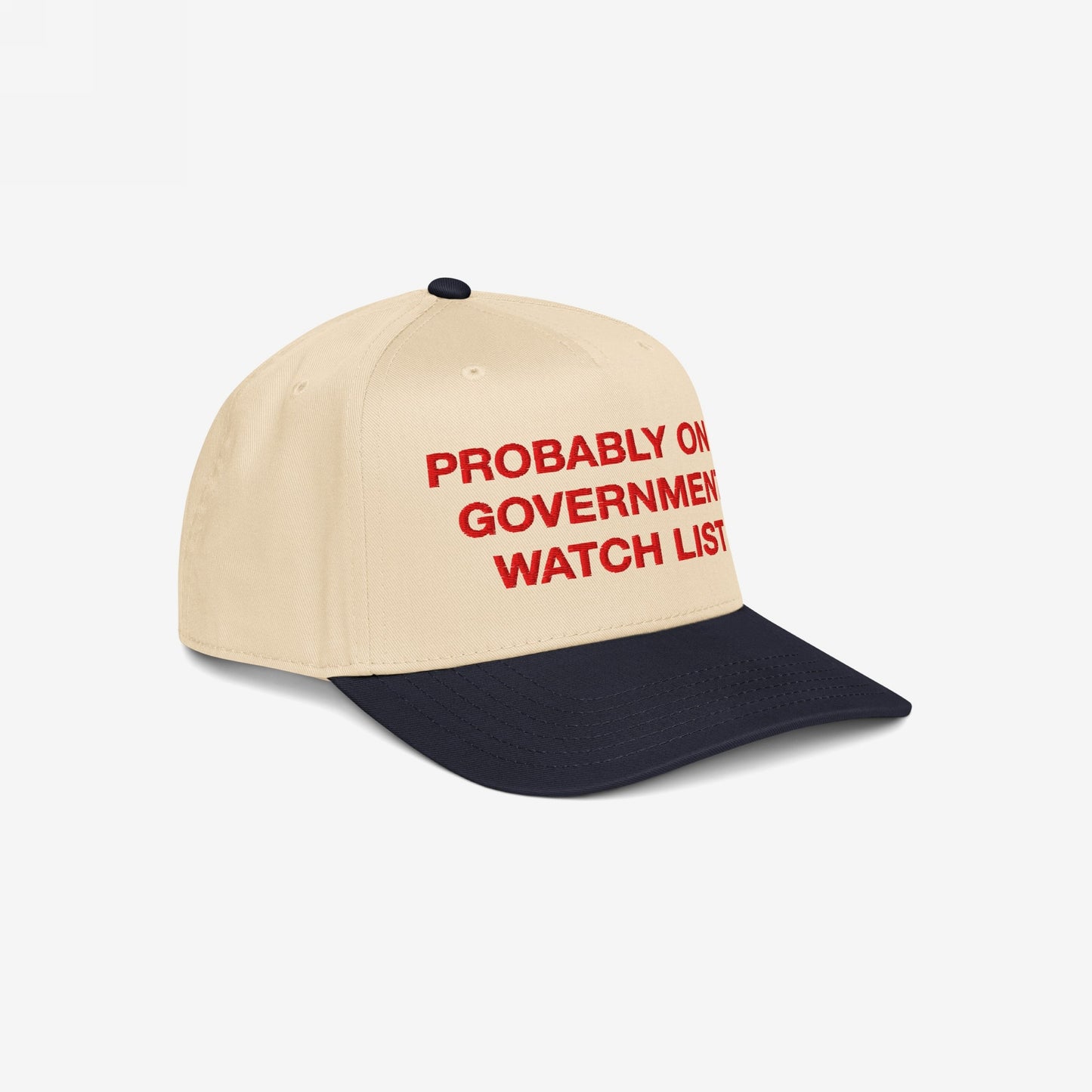 The Watch List Hat features bold red embroidery stating “PROBABLY ON GOVERNMENT WATCH LIST” on a two-tone design, embodying a rebellious stance against authoritative scrutiny.