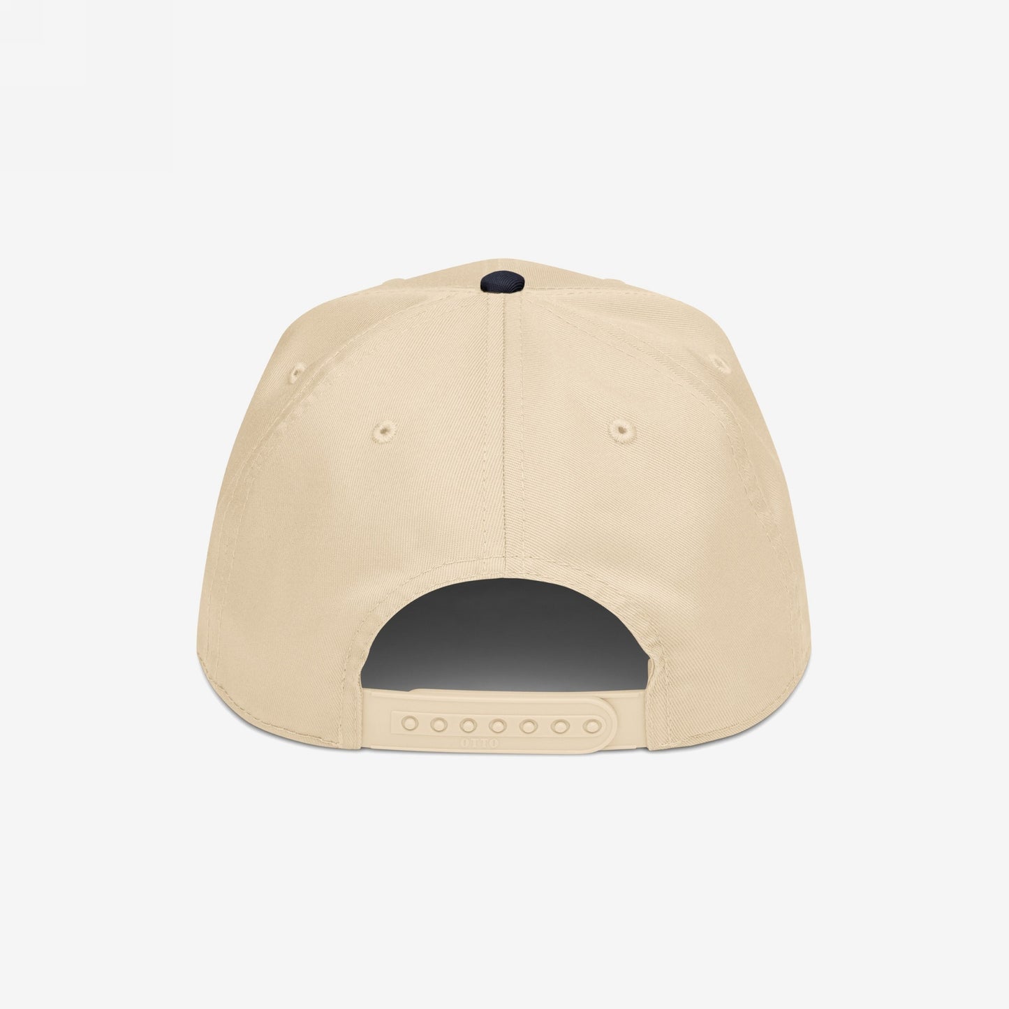 Watch List Hat featuring a light beige six-panel design with stitched eyelets, a contrasting dark top button, and a matching beige snapback closure, symbolizing bold political statements through headwear.