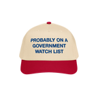 Watch List Hat with bold blue embroidery declaring “PROBABLY ON A GOVERNMENT WATCH LIST,” making a bold political stateme