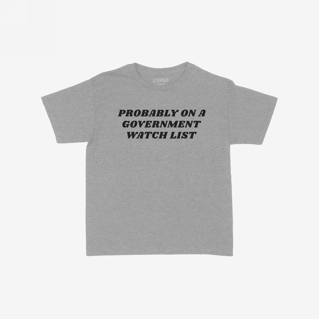 Watch List Women's Baby Tee featuring bold text “PROBABLY ON A GOVERNMENT WATCH LIST” on a light-gray background, offering a rebellious, feminist nod to activism and state surveillance challenges.