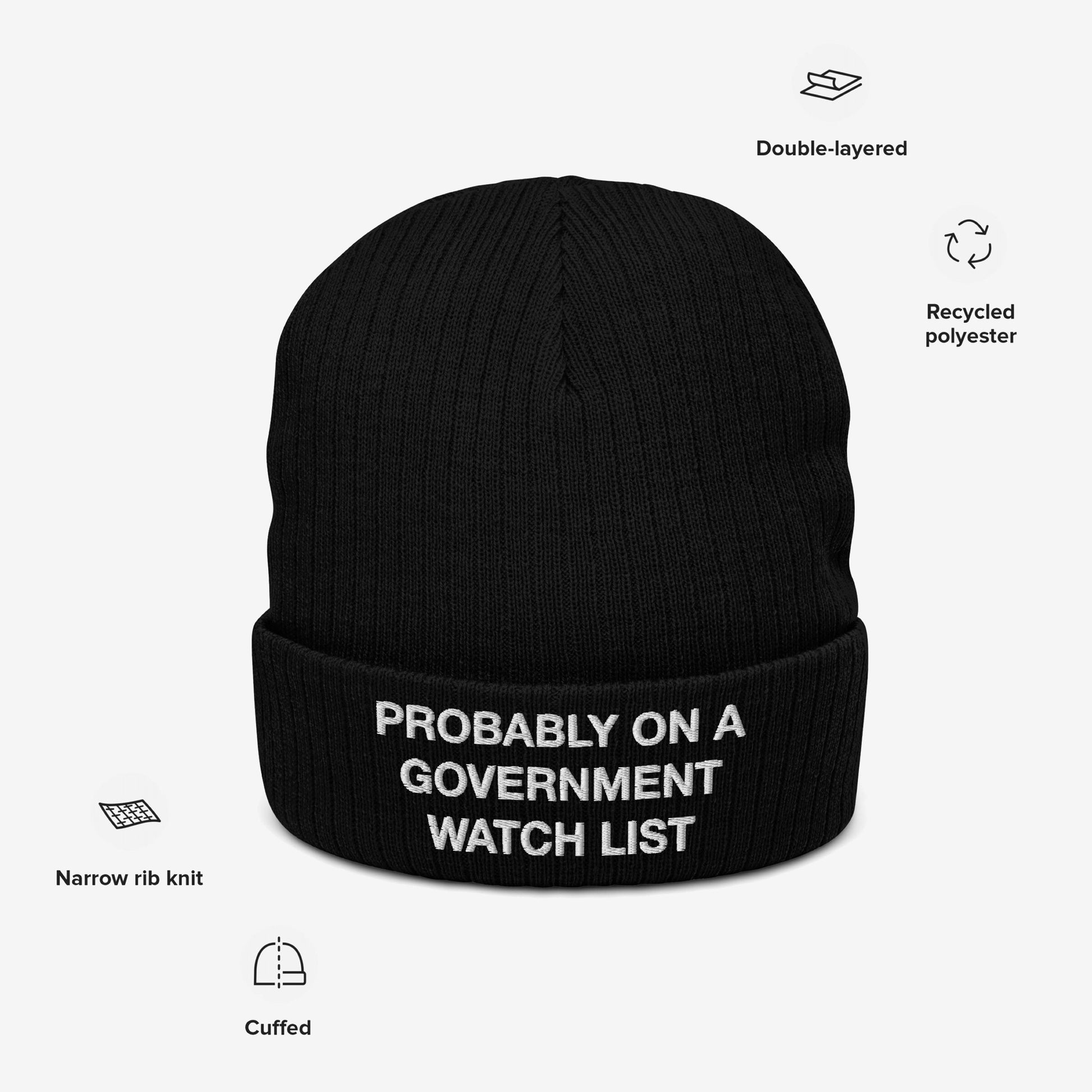Watch List Hat: A black cuffed knit beanie with white embroidered text, highlighting a bold protest statement. Features include double-layered recycled polyester and a narrow rib knit pattern.