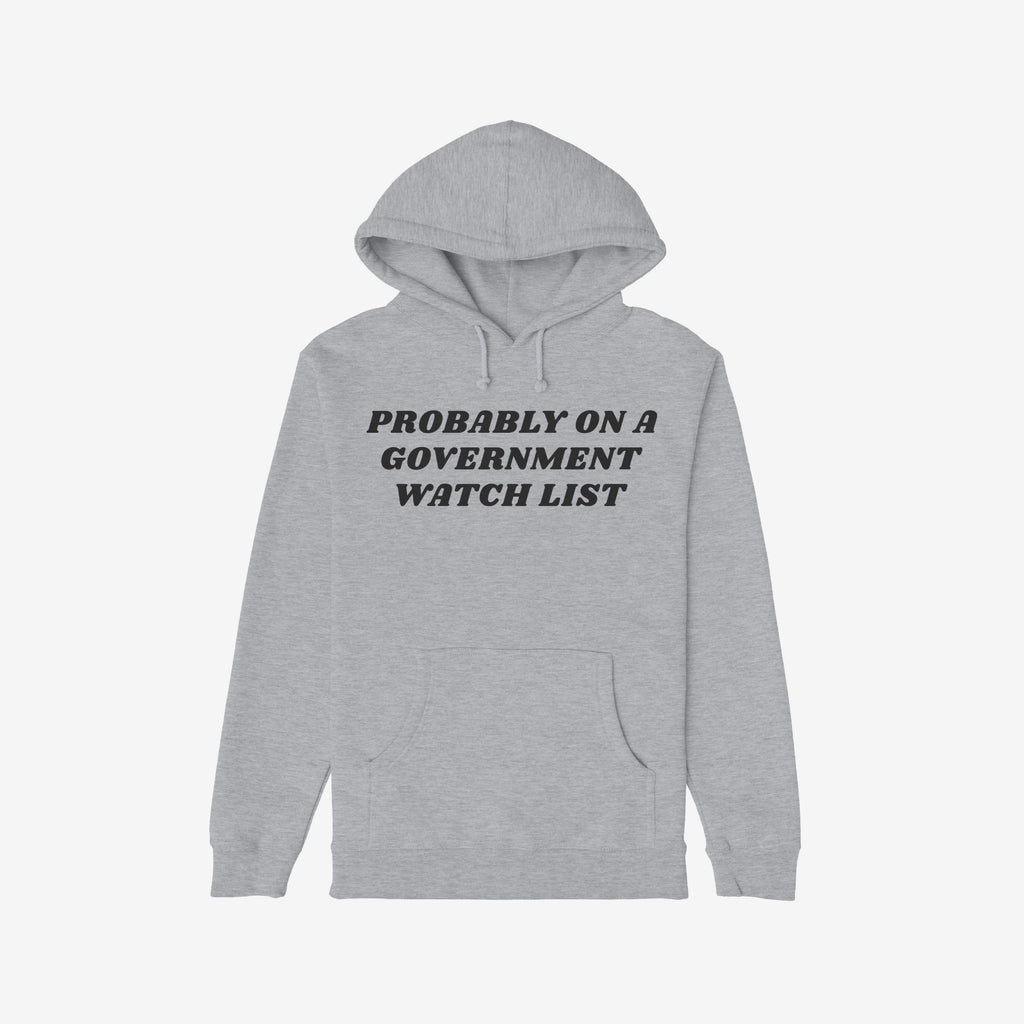 Watch List Hoodie & Sweatshirt featuring bold black text PROBABLY ON A GOVERNMENT WATCH LIST across the chest, designed for those outspoken against authoritarianism, with a kangaroo pocket and drawstring hood.