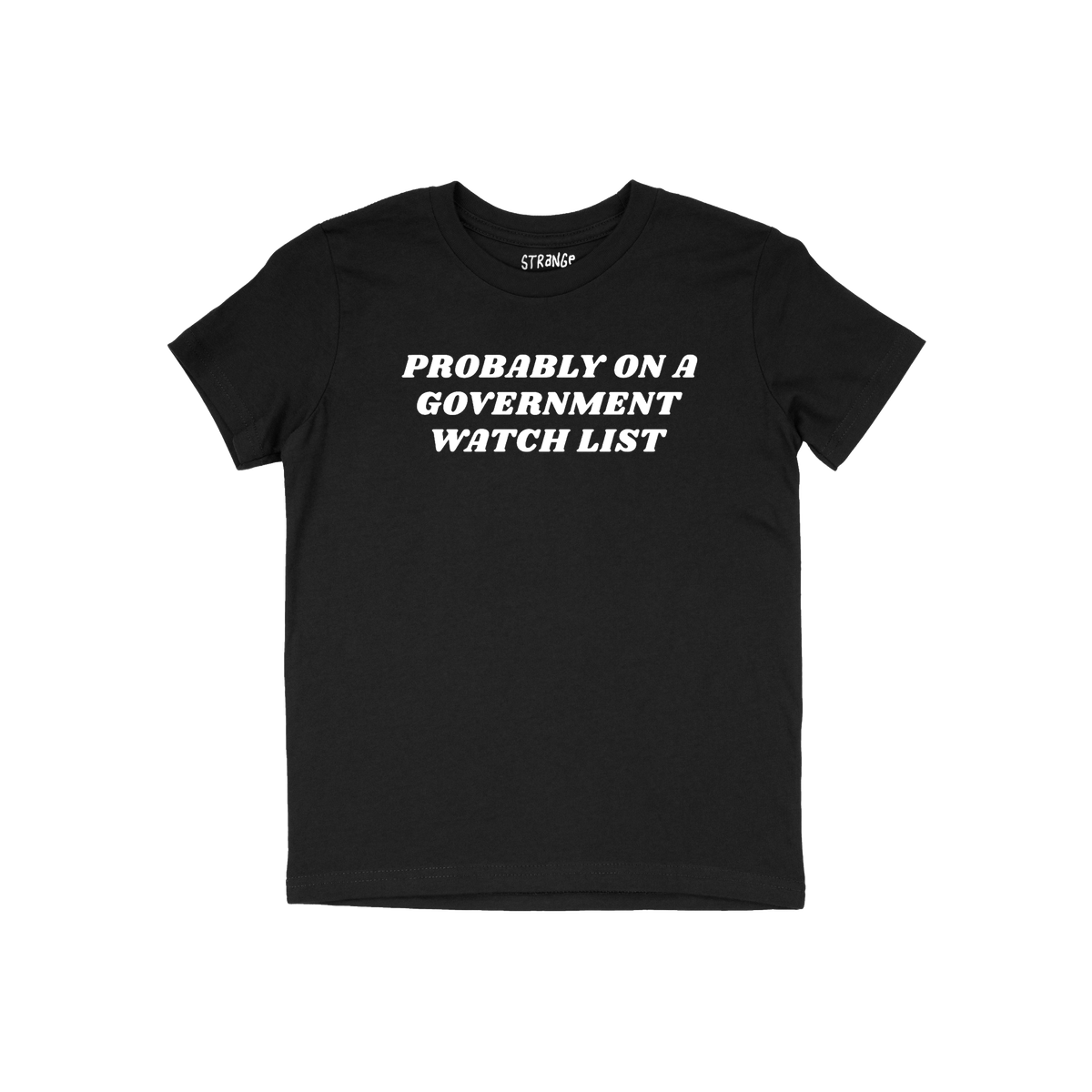 Watch List T-shirt with bold white text, PROBABLY ON A GOVERNMENT WATCH LIST, on black fabric, reflecting defiant political e