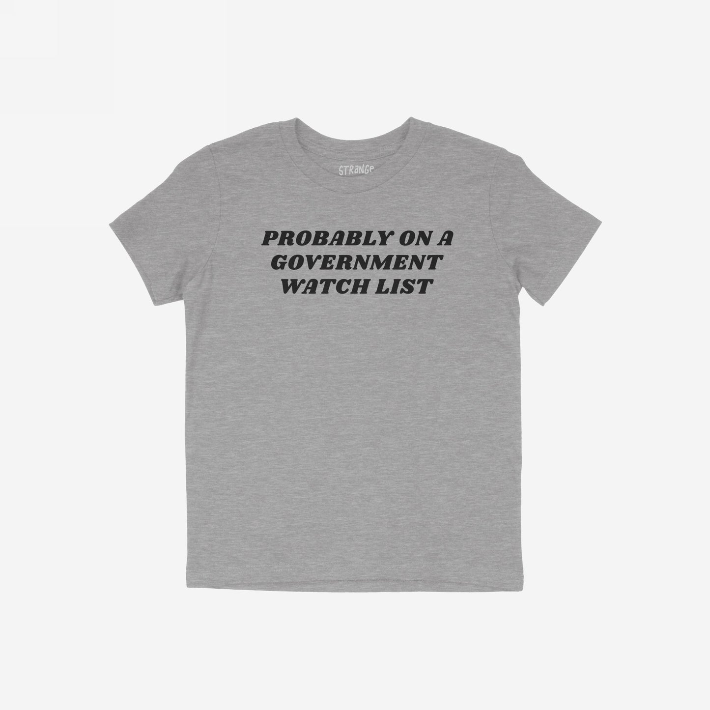 Heather-gray Watch List T-shirt with black text: “PROBABLY ON A GOVERNMENT WATCH LIST.” Bold statement for those unafraid to be outspoken and visible in their beliefs.
