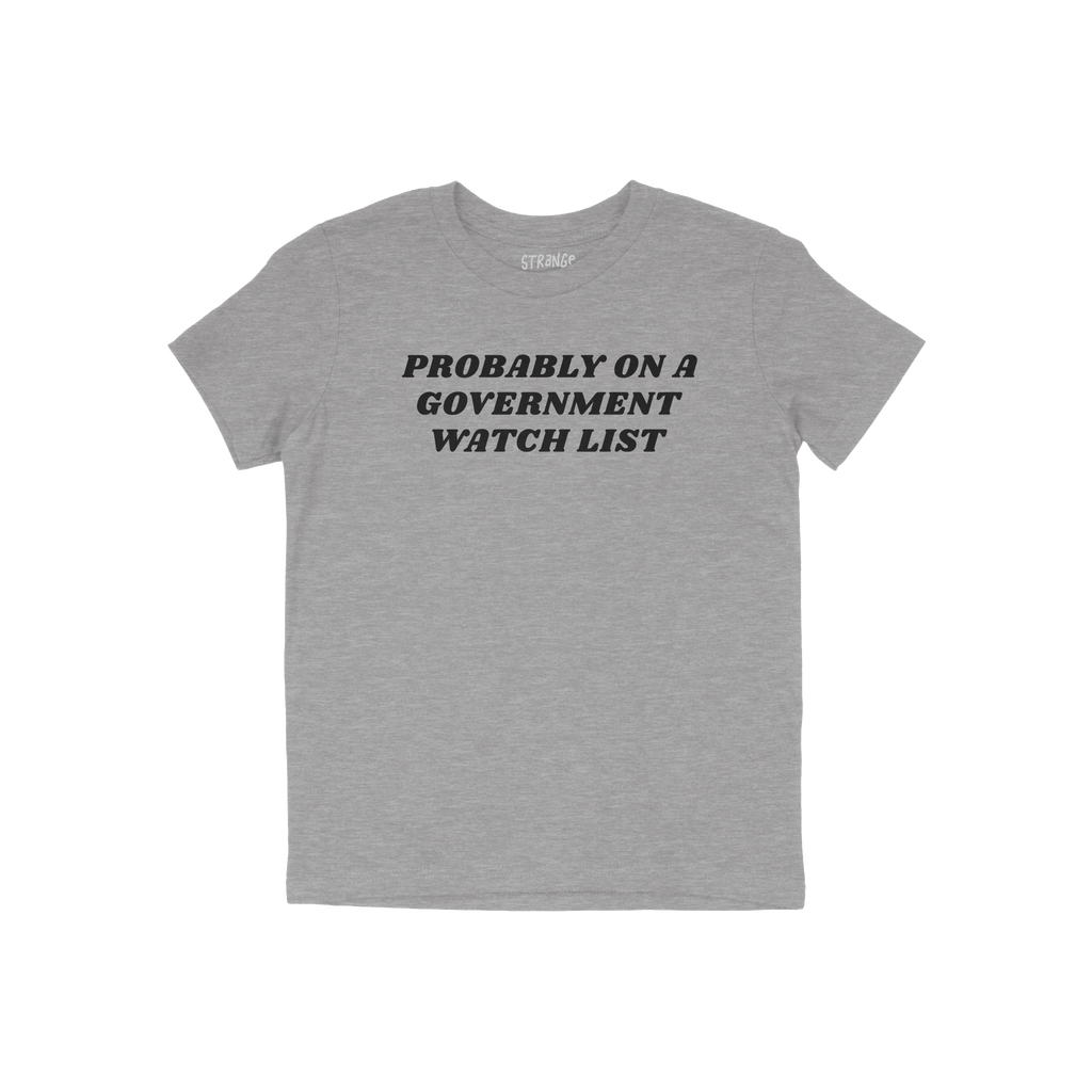 Heather-gray Watch List T-shirt with black text: “PROBABLY ON A GOVERNMENT WATCH LIST.” Bold statement for those unafraid