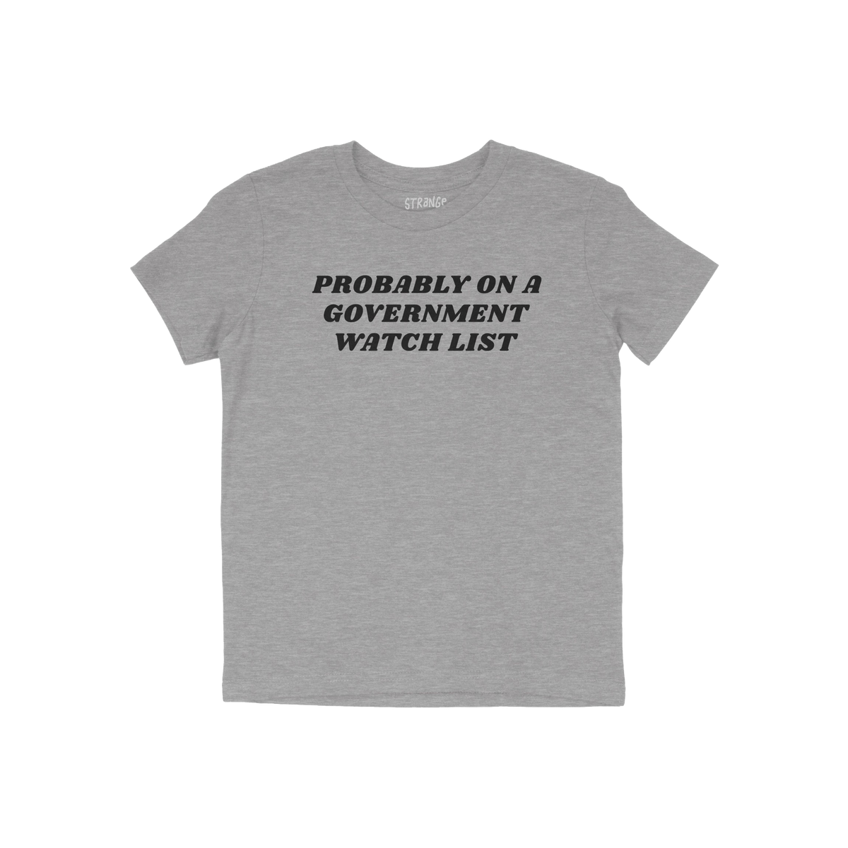 Heather-gray Watch List T-shirt with black text: “PROBABLY ON A GOVERNMENT WATCH LIST.” Bold statement for those unafraid