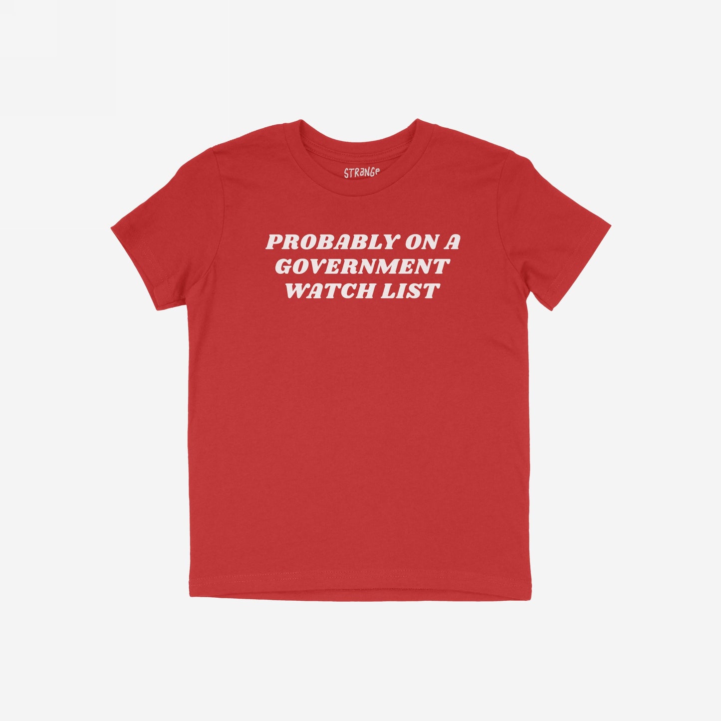 Watch List T-shirt features bold white text proclaiming “PROBABLY ON A GOVERNMENT WATCH LIST,” symbolizing defiance and visibility in activism, perfect for those unafraid to stand up and be noticed.