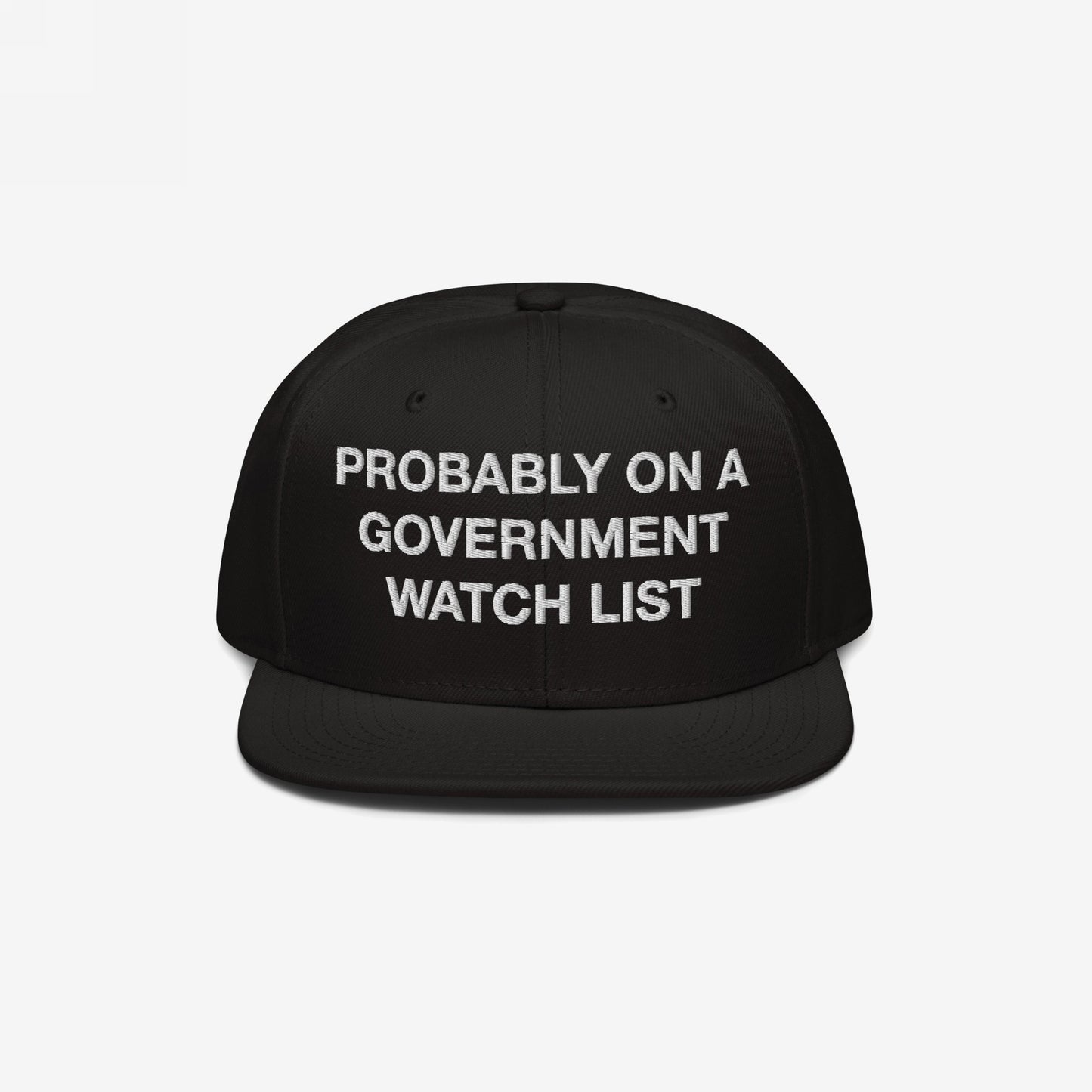The Watch List Hat features bold white embroidery, stating PROBABLY ON A GOVERNMENT WATCH LIST, on a flat-brimmed black cap, symbolizing protest and visibility.