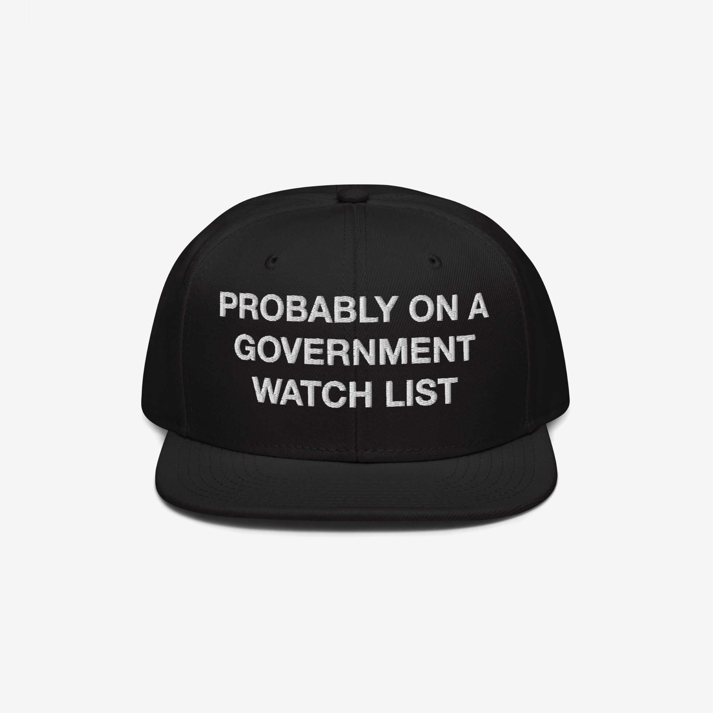 The Watch List Hat features bold white embroidery, stating PROBABLY ON A GOVERNMENT WATCH LIST, on a flat-brimmed black cap, symbolizing protest and visibility.