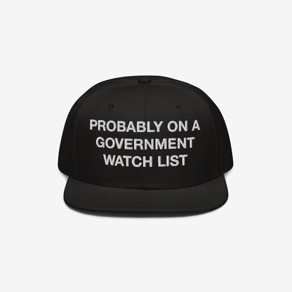 The Watch List Hat features bold white embroidery, stating PROBABLY ON A GOVERNMENT WATCH LIST, on a flat-brimmed black cap, symbolizing protest and visibility.