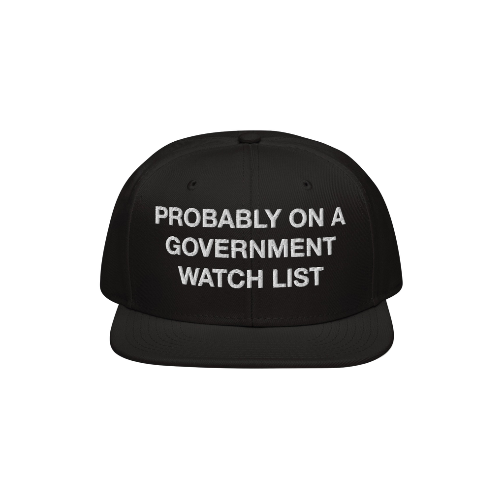 The Watch List Hat features bold white embroidery, stating PROBABLY ON A GOVERNMENT WATCH LIST, on a flat-brimmed black cap, 
