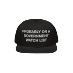 The Watch List Hat features bold white embroidery, stating PROBABLY ON A GOVERNMENT WATCH LIST, on a flat-brimmed black cap, 